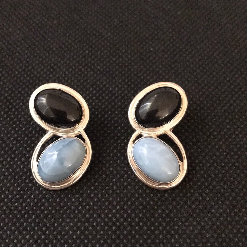 Black onyx & blue agate Sterling silver earrings